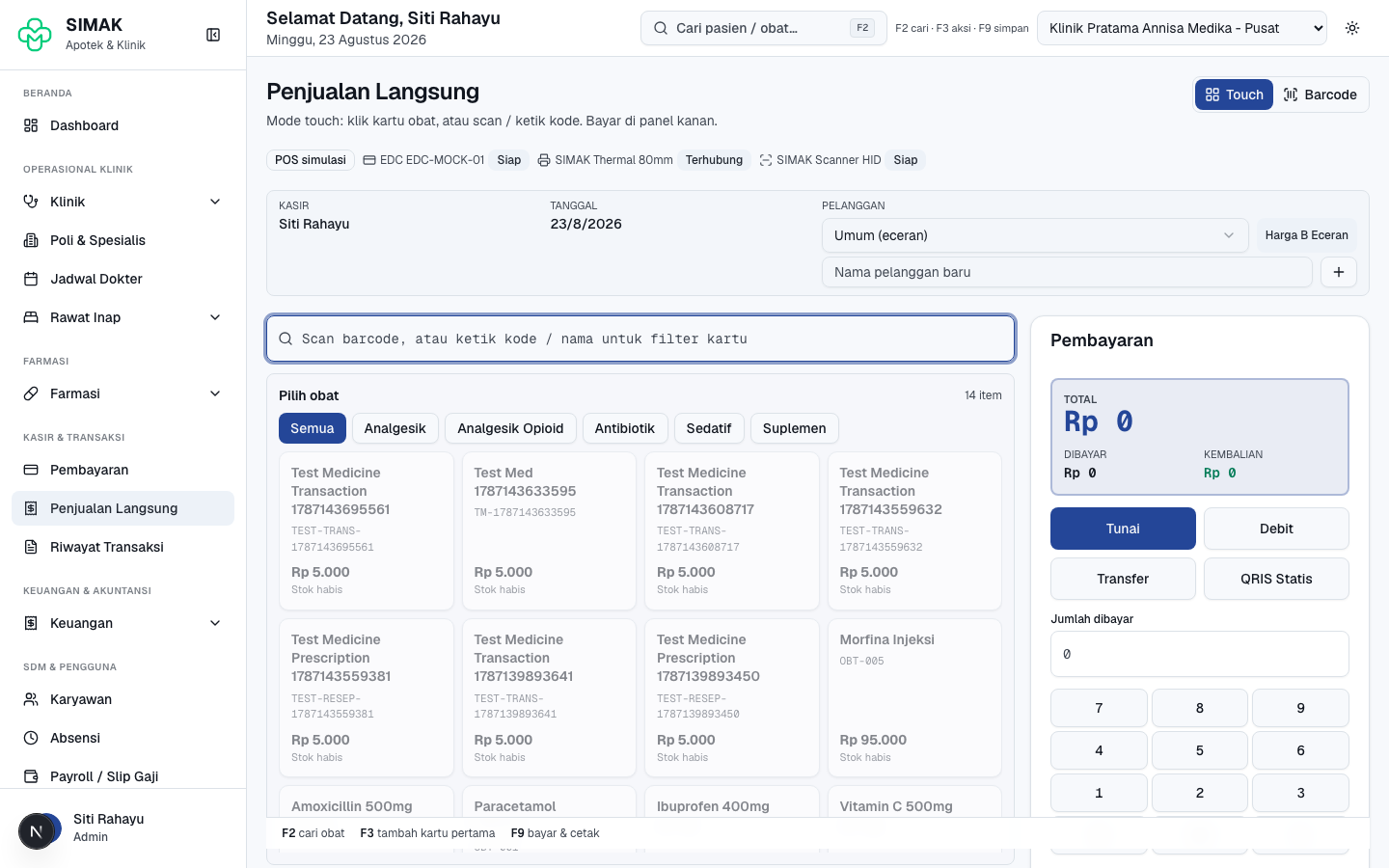 Meja POS OTC — kartu obat, keranjang, dan panel bayar